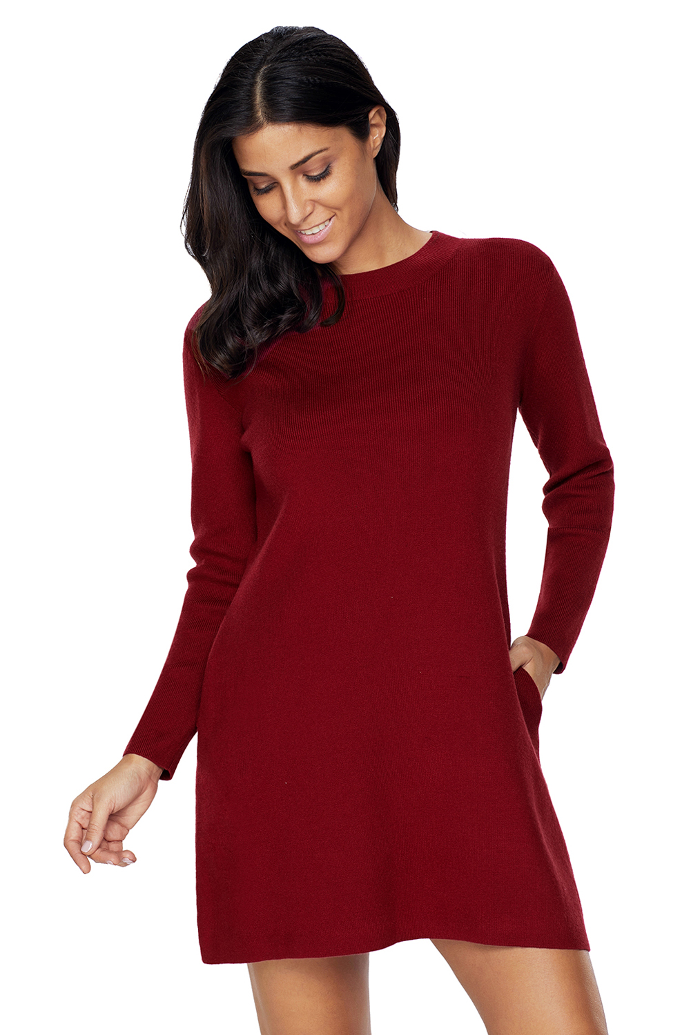 BY27712-3 Wine High Neck Long Sleeve Knit Sweater Dress